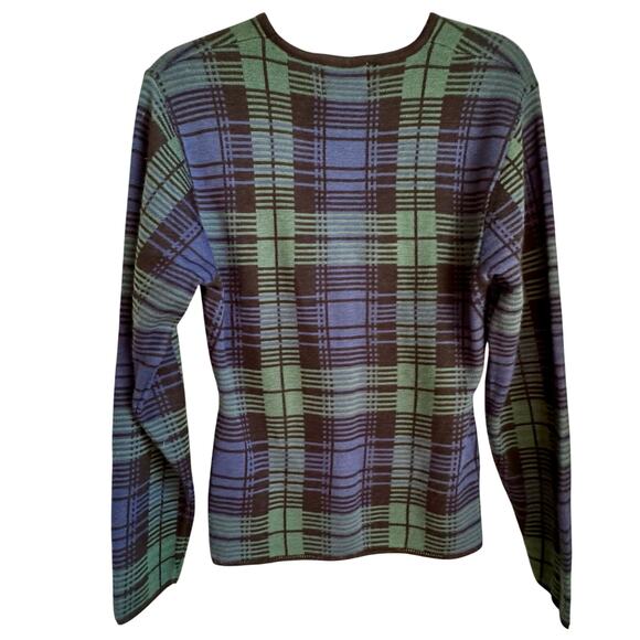 VTG Express Tricot Plaid Tartan Wool Blend Sweater Black Blue Green Sz L 90s - Picture 4 of 5